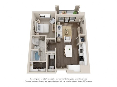 a 3d floor plan of a 1 bedroom apartment